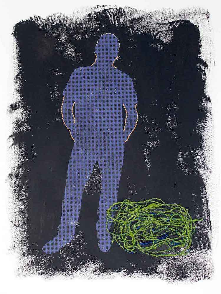 A silhouette of a man with his hands in his pockets cut into a found paper, on a background painted black. There is a pile of yarn to the figure's left. His bare arms are highlighted with a pinkish-white thread and his head with silver thread.