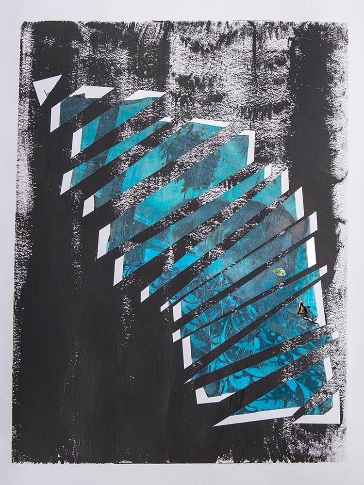 a disjointed image with a photograph of a plus-size woman overpainted with blue cut and scattered with a bit of green revealed where her mouth might be