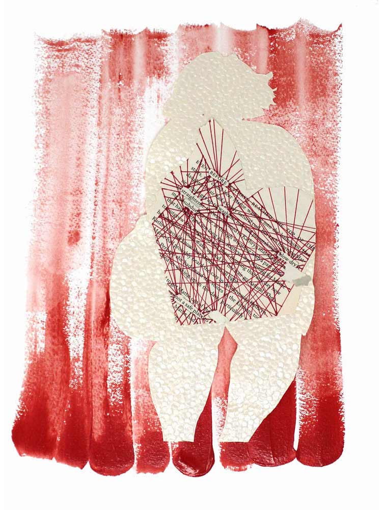 a silhouette of a woman cut into a slightly shiny paper, with an overlay of a found book page that suggests clothing. Some words on the page are circled: straighten, before, wash, blow dry, subdue, and not a safe place. Red straight lines criss-cross the page. The silhouette is on a red background.