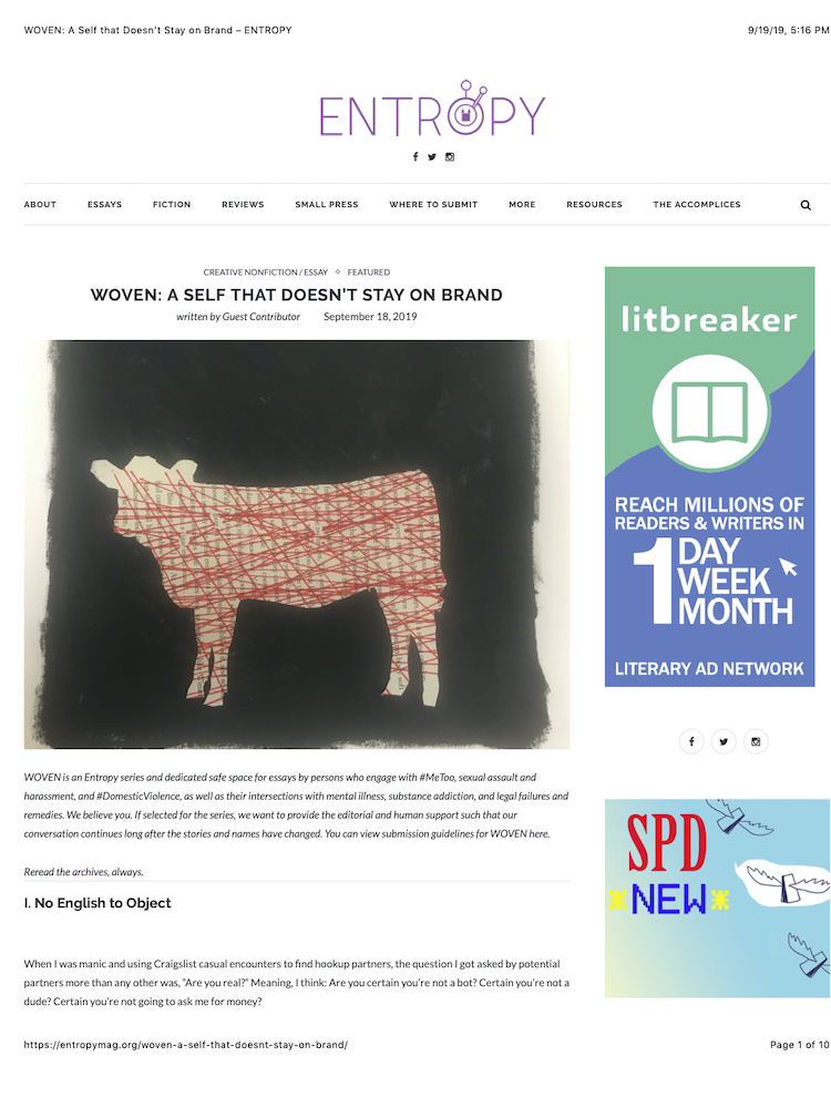 screenshot of opening of published article, including the entropy logo in purple, ads for SPD and litbreaker, and an image of a silhouette of a heiffer cut into a book page with red criss crossing the page.